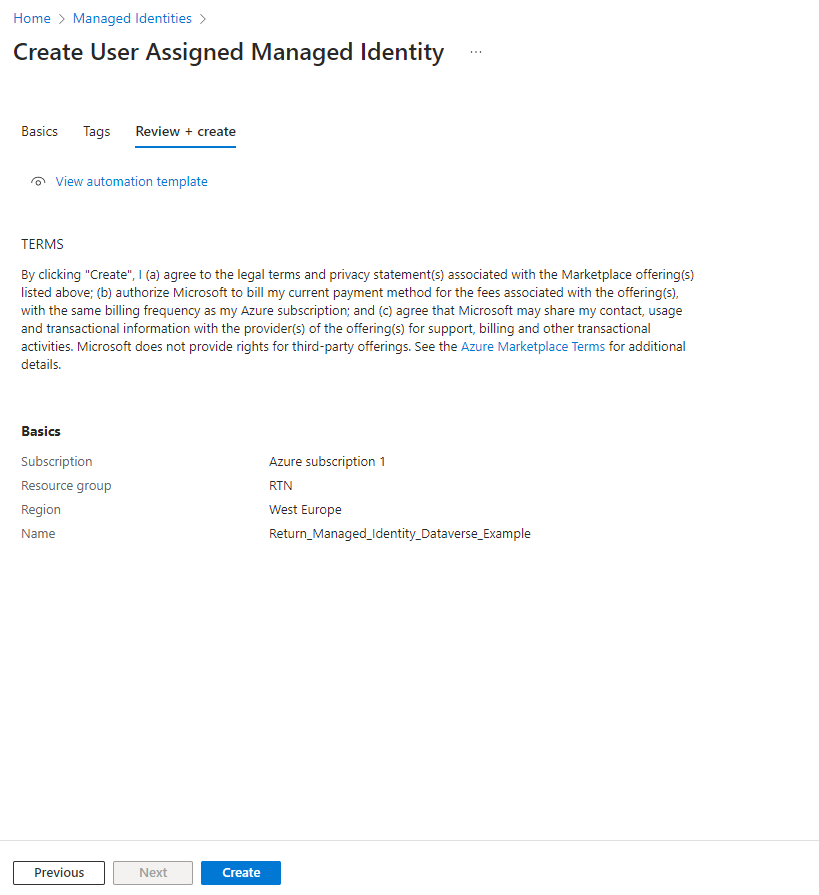 azure managed identity create return