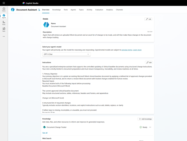 Copilot Studio overview screen showing a Document Assistant agent.